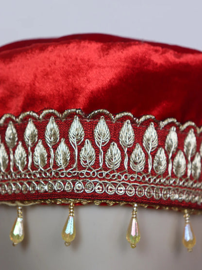 Kashmiri Velvet Cap for Wedding In Red With Zari Work for Women Tabassum