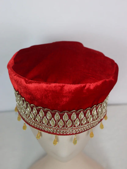 Kashmiri Velvet Cap for Wedding In Red With Zari Work for Women Tabassum