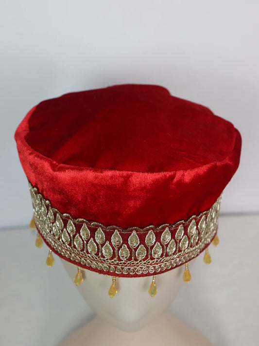 Kashmiri Velvet Cap for Wedding In Red With Zari Work for Women Tabassum
