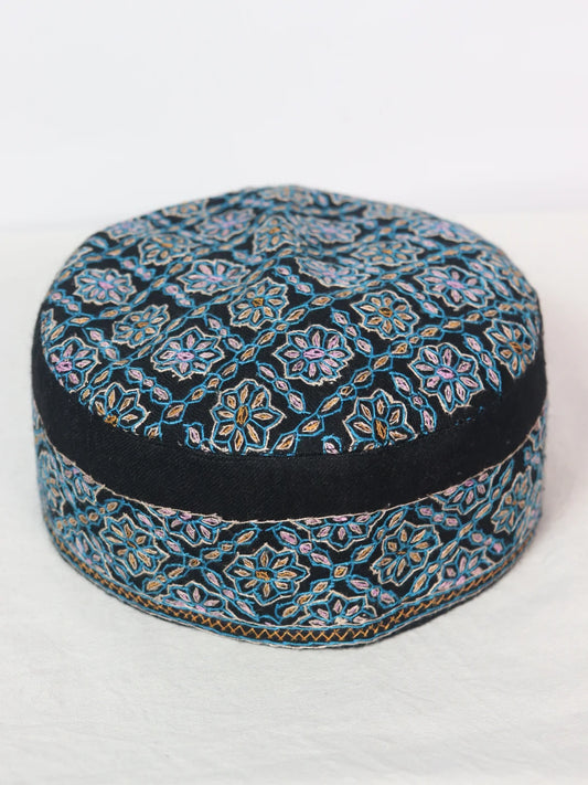 Black Kashmiri Cap | Topi With Hand Sozni Embroidery Rahim