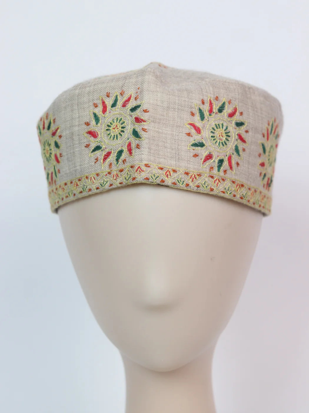 Beige Kashmiri Classic Toosha Cap with Hand Sozni Embroidery Shalimar