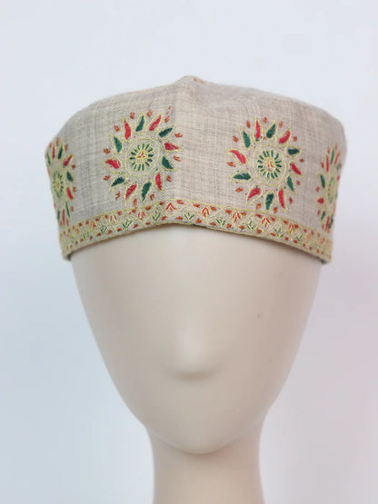 Beige Kashmiri Classic Toosha Cap with Hand Sozni Embroidery Shalimar