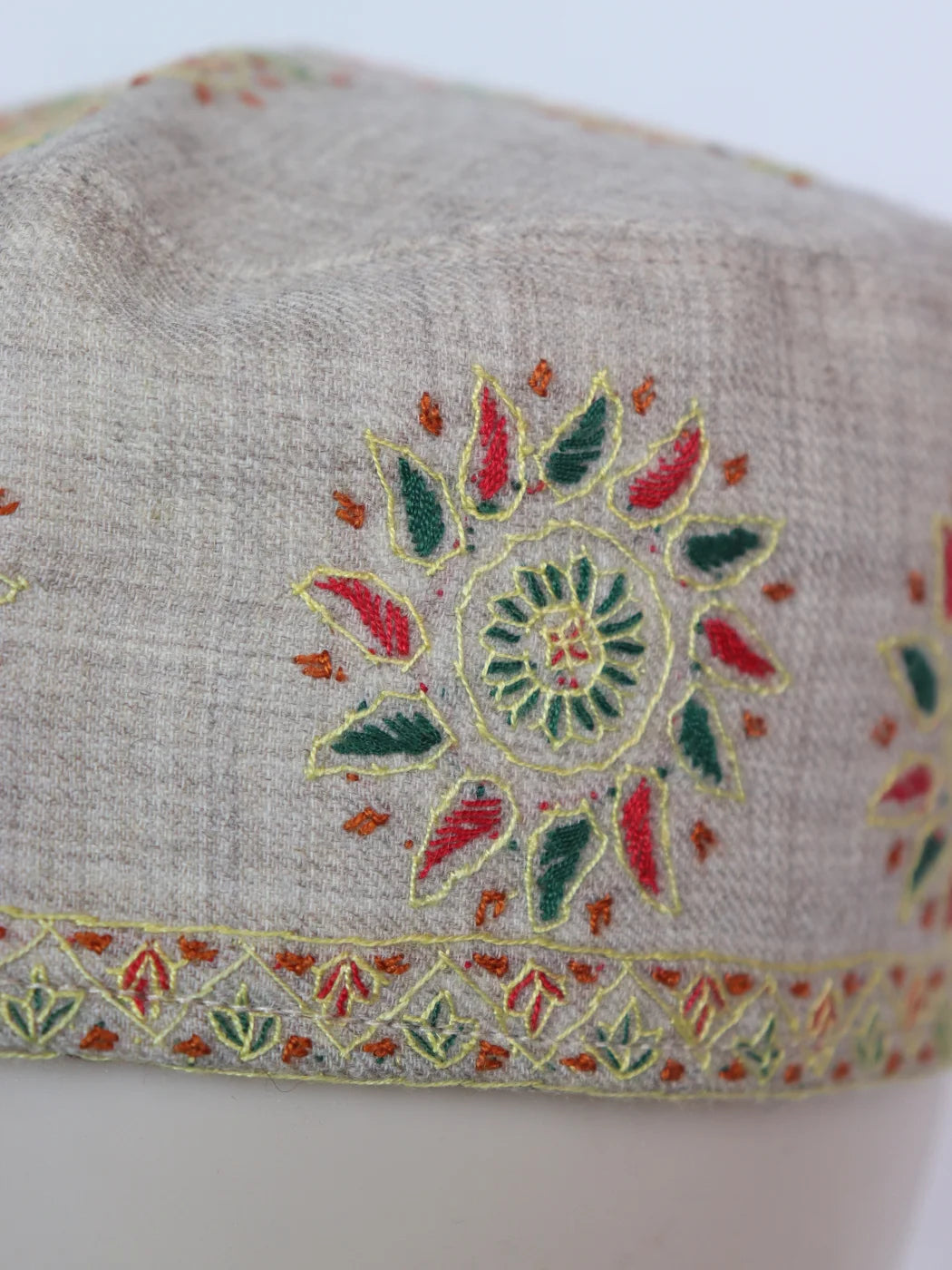 Beige Kashmiri Classic Toosha Cap with Hand Sozni Embroidery Shalimar