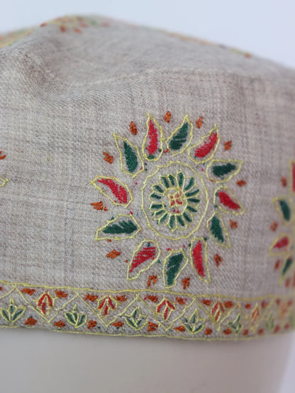 Beige Kashmiri Classic Toosha Cap with Hand Sozni Embroidery Shalimar