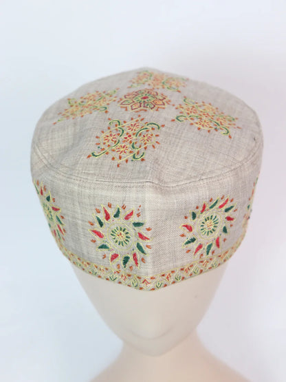 Beige Kashmiri Classic Toosha Cap with Hand Sozni Embroidery Shalimar