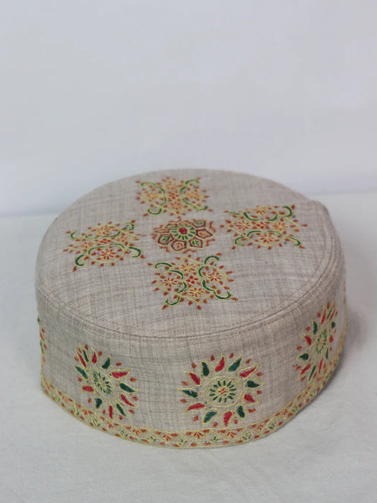 Beige Kashmiri Classic Toosha Cap with Hand Sozni Embroidery Shalimar