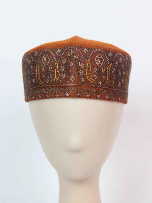 Gulmarg Kashmiri Stylish Toosha Orange Cap with Hand Sozni Embroidery