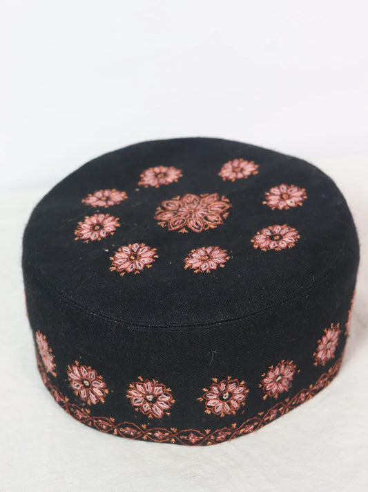 Kashmiri Black Designer Toosha Cap with Hand Sozni Embroidery Noor