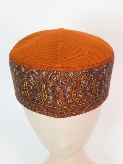 Gulmarg Kashmiri Stylish Toosha Orange Cap with Hand Sozni Embroidery