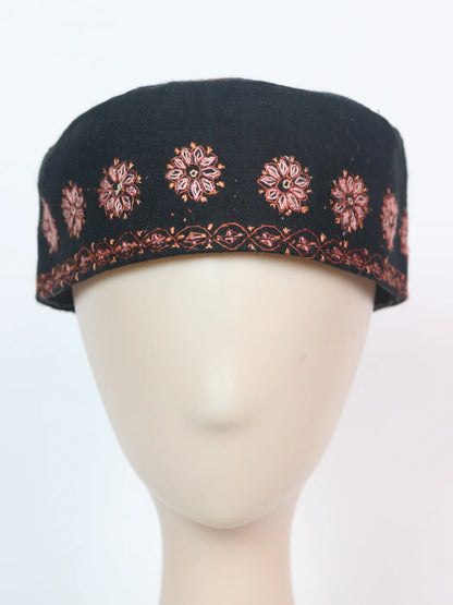 Kashmiri Black Designer Toosha Cap with Hand Sozni Embroidery Noor