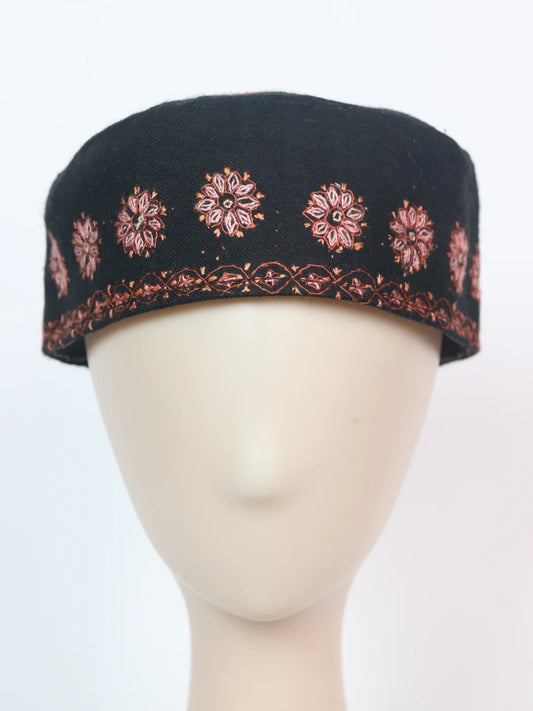 Kashmiri Black Designer Toosha Cap with Hand Sozni Embroidery Noor