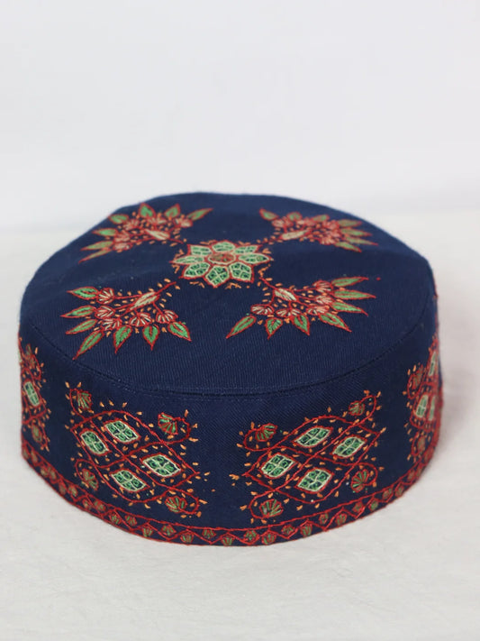 Salam Kashmiri Navy-Blue Round Toosha Cap with Hand Sozni Work