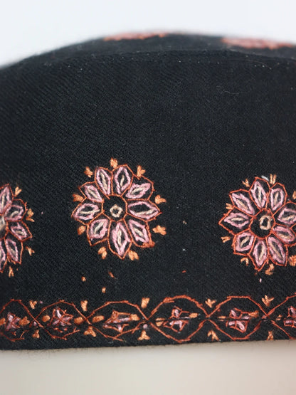 Kashmiri Black Designer Toosha Cap with Hand Sozni Embroidery Noor