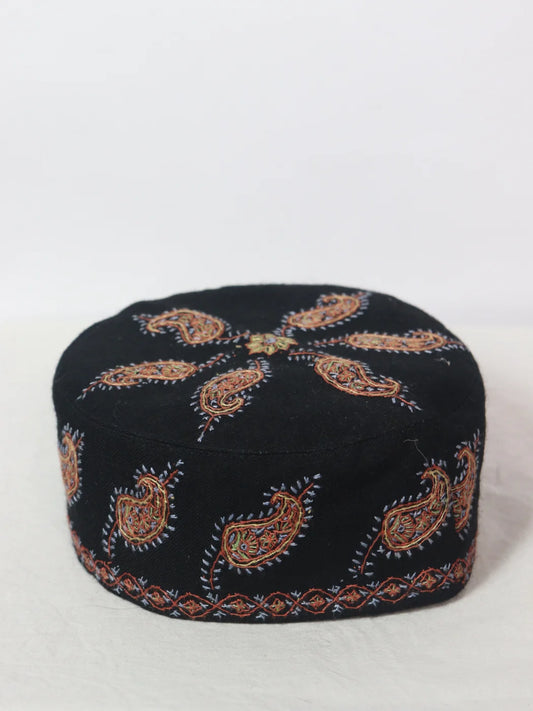 Walur Black Kashmiri Lightweight Toosha Cap with Hand Sozni Work