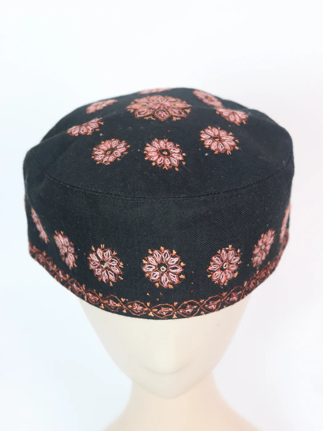 Kashmiri Black Designer Toosha Cap with Hand Sozni Embroidery Noor