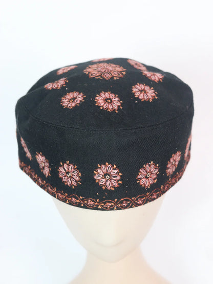 Kashmiri Black Designer Toosha Cap with Hand Sozni Embroidery Noor