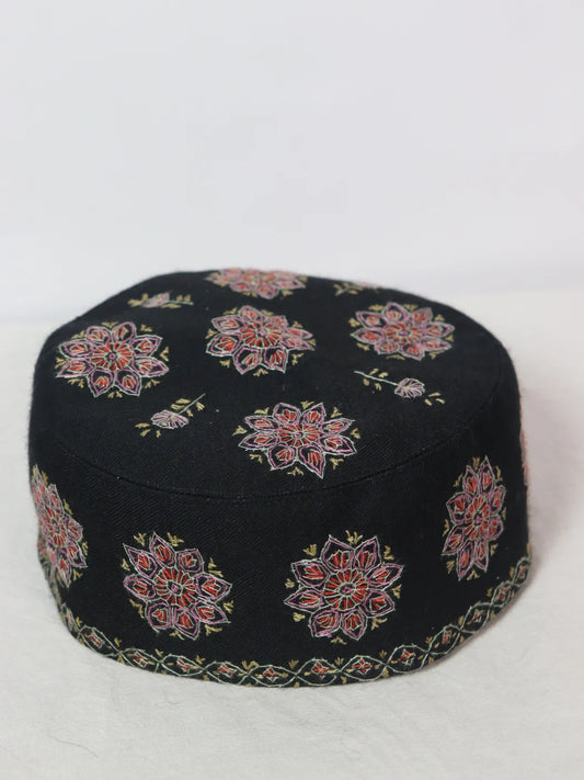 Kashmiri Chinar Cap with Hand Sozni Embroidery in Black Toosha