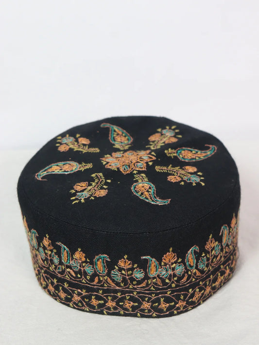 Kashmiri Sozni Embroidered Cap Sonamarg in Black Toosha Fabric
