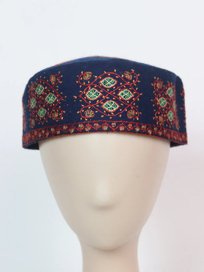 Salam Kashmiri Navy-Blue Round Toosha Cap with Hand Sozni Work