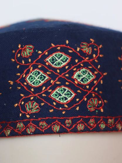 Salam Kashmiri Navy-Blue Round Toosha Cap with Hand Sozni Work