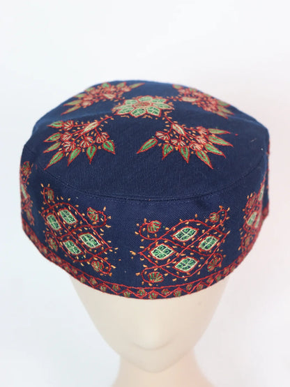 Salam Kashmiri Navy-Blue Round Toosha Cap with Hand Sozni Work
