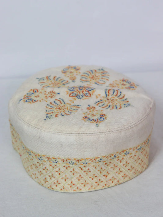 Cream Kashmiri Cap |Topi With Hand Sozni Embroidery Gurbaz