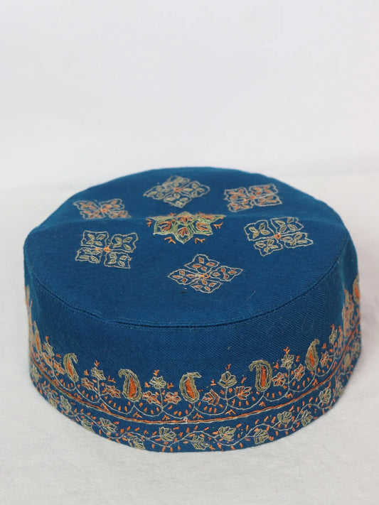 Kashmiri Blue Cap |Topi Sarposh With Hand Sozni Embroidery In Toosha