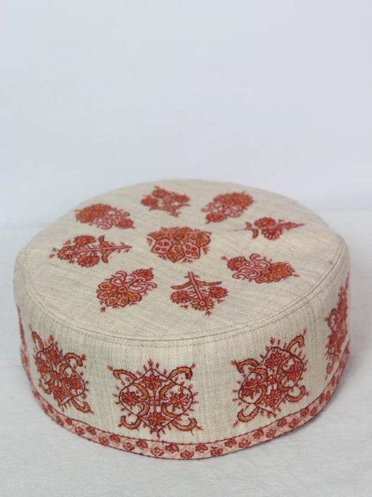 Beige Kashmiri Cap | Topi  With Hand Sozni Embroidery In Toosha Jehlum