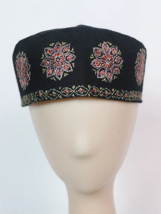 Kashmiri Chinar Cap with Hand Sozni Embroidery in Black Toosha
