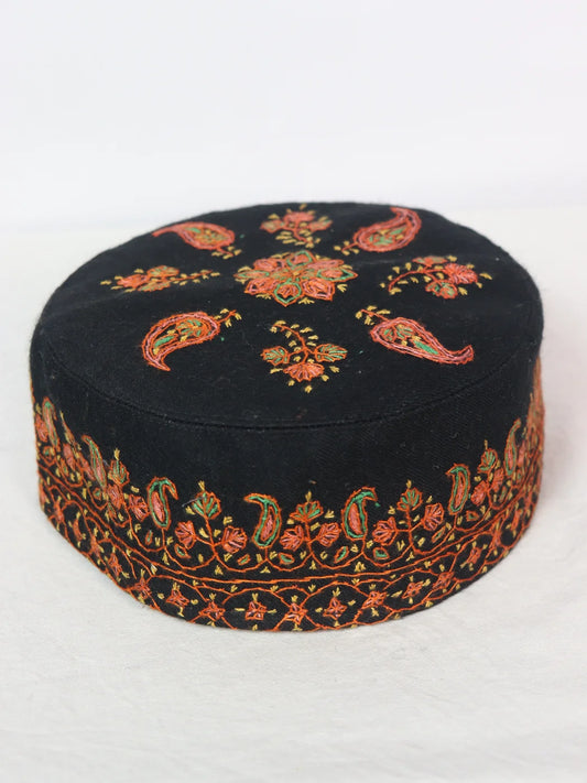 Black Kashmiri Classic Cap With Handmade Sozni Work Sehrab