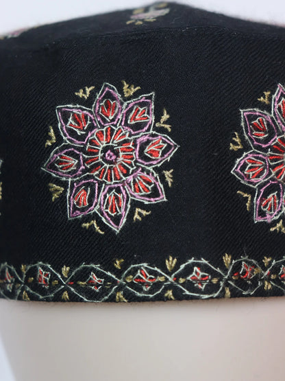 Kashmiri Chinar Cap with Hand Sozni Embroidery in Black Toosha