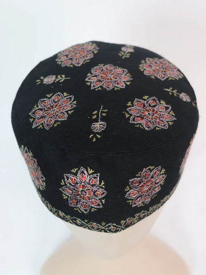 Kashmiri Chinar Cap with Hand Sozni Embroidery in Black Toosha