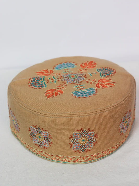 Beige Kashmiri Stylish Cap With Handmade Sozni Work Talib