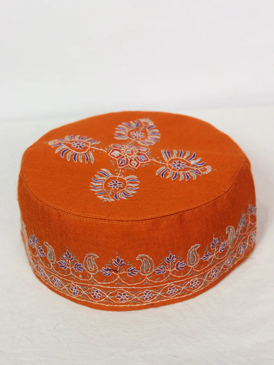 Kashmiri Noor Designer Cap In Orange With Handmade Sozni Work