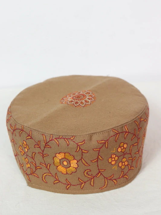 Brown Kashmiri Cap With Handmade Sozni Embroidery Farhan