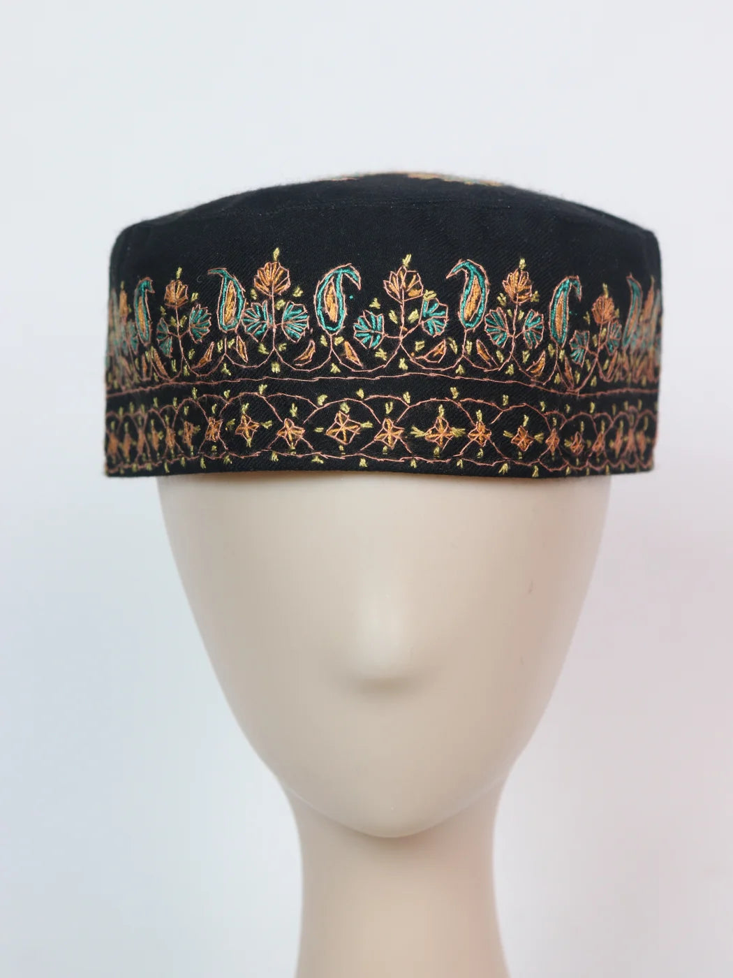 Kashmiri Sozni Embroidered Cap Sonamarg in Black Toosha Fabric