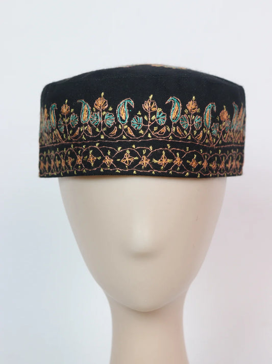 Kashmiri Sozni Embroidered Cap Sonamarg in Black Toosha Fabric