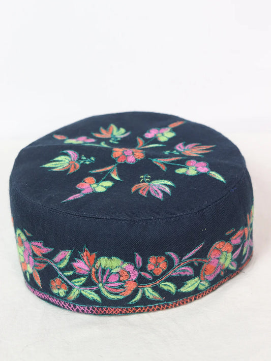 Shams Kashmiri Cap In Navy-Blue With Handmade Sozni Embroidery