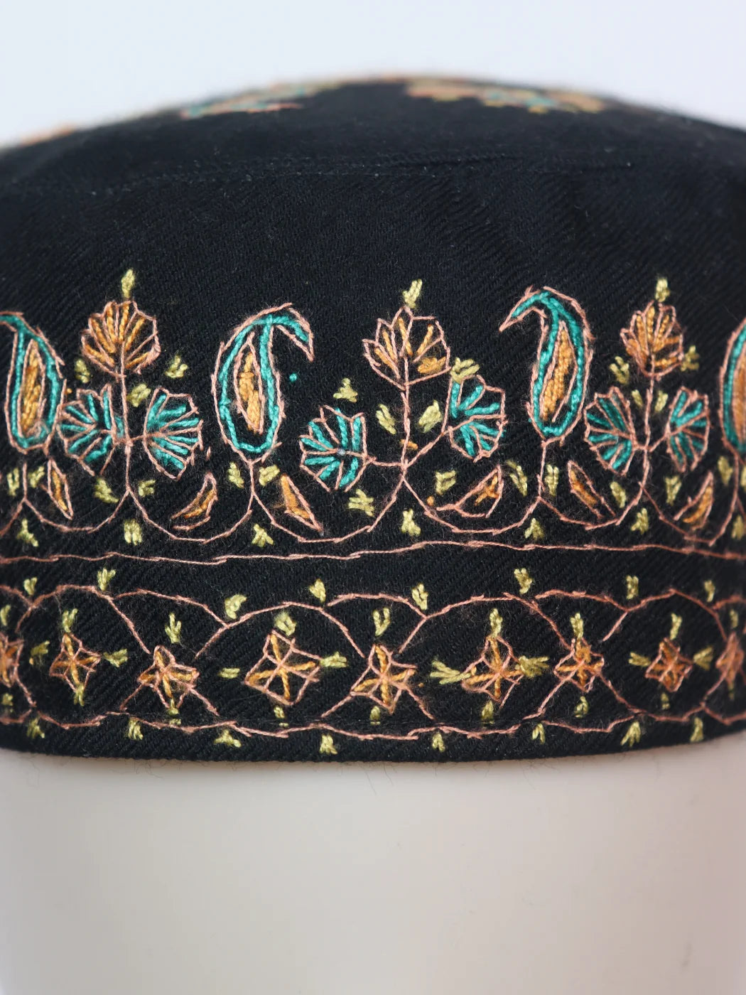 Kashmiri Sozni Embroidered Cap Sonamarg in Black Toosha Fabric