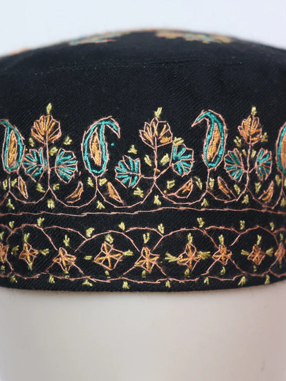 Kashmiri Sozni Embroidered Cap Sonamarg in Black Toosha Fabric