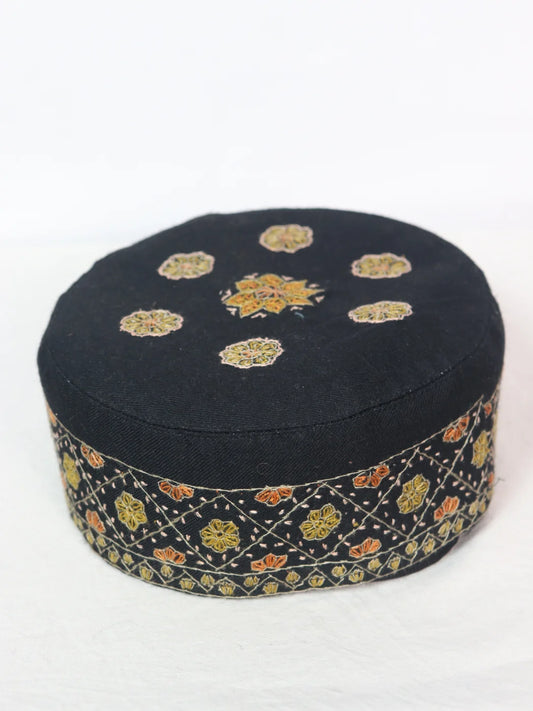 Sarfaraz Kashmiri Cap In Black With Handmade Sozni Embroidery