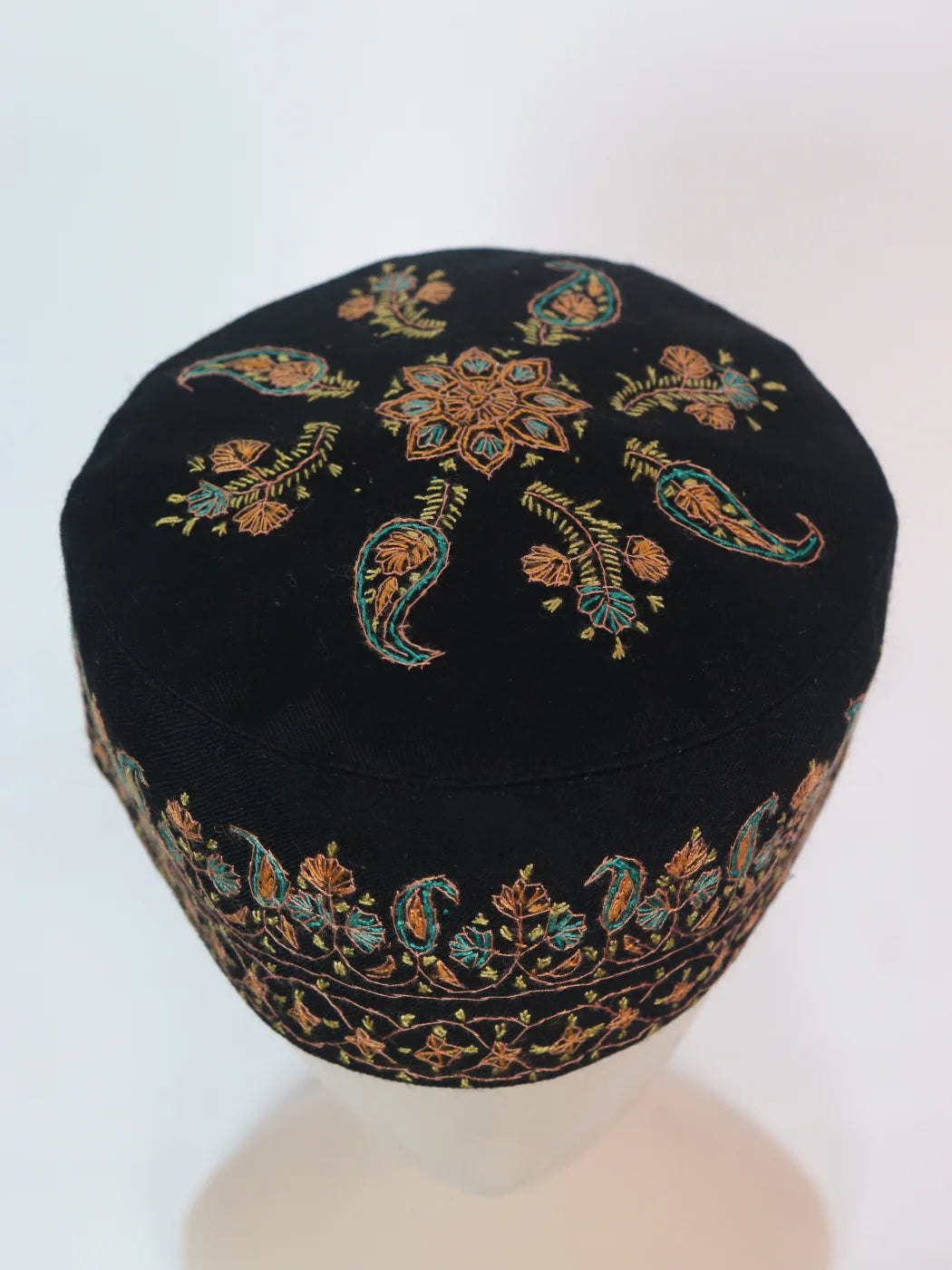 Kashmiri Sozni Embroidered Cap Sonamarg in Black Toosha Fabric