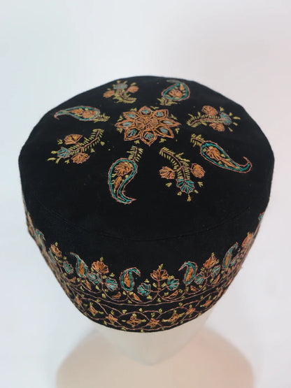 Kashmiri Sozni Embroidered Cap Sonamarg in Black Toosha Fabric
