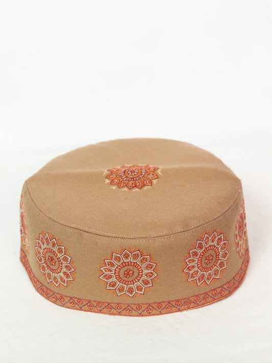 Usman Kashmiri Cap In Brown With Handmade Sozni Embroidery