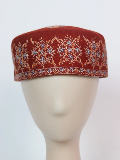 Kashmiri Sozni Embroiderd Cap In Rustic-Red Gulzar