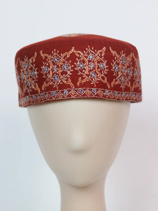 Kashmiri Sozni Embroiderd Cap In Rustic-Red Gulzar