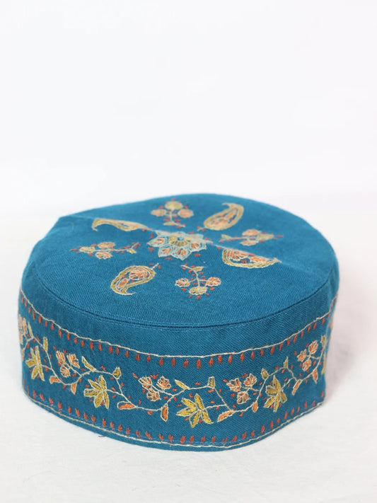 Handmade Kashmiri Cap In Blue Toosha With Sozni Embroidery Rizwan