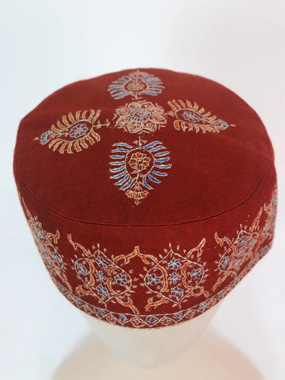 Kashmiri Sozni Embroiderd Cap In Rustic-Red Gulzar