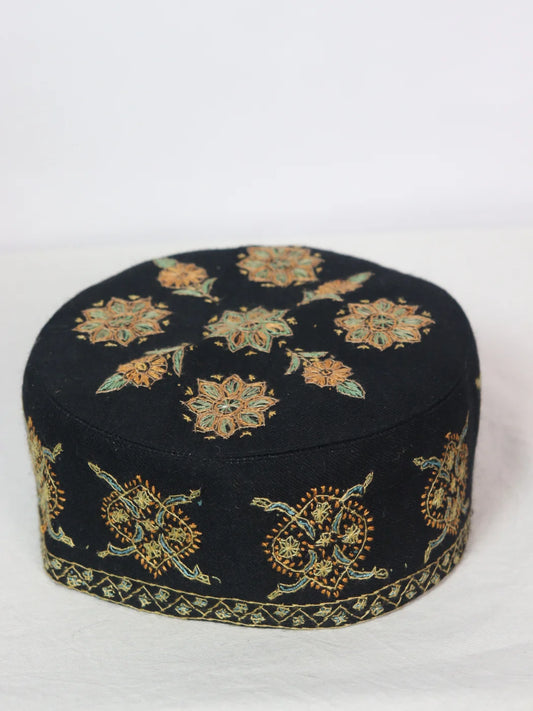 Kashmiri Handmade Cap In Black Toosha With Sozni Embroidery