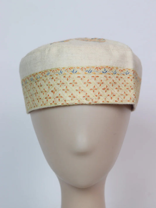 Cream Kashmiri Cap |Topi With Hand Sozni Embroidery Gurbaz
